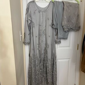 Elegant silver and Gray Embroidered maxi Dress